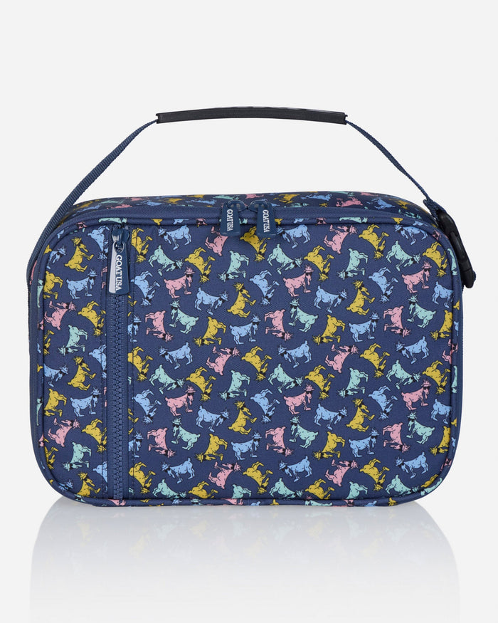 Front of black lunchbox with money goat design
