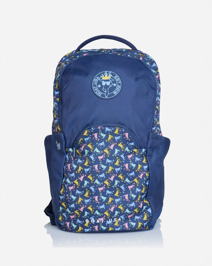 Front of navy backpack with all-over-goat pattern