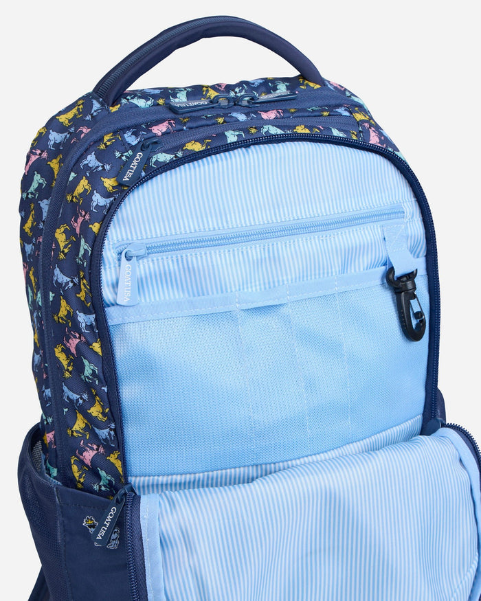 Secondary compartment of navy backpack with all-over-goat pattern