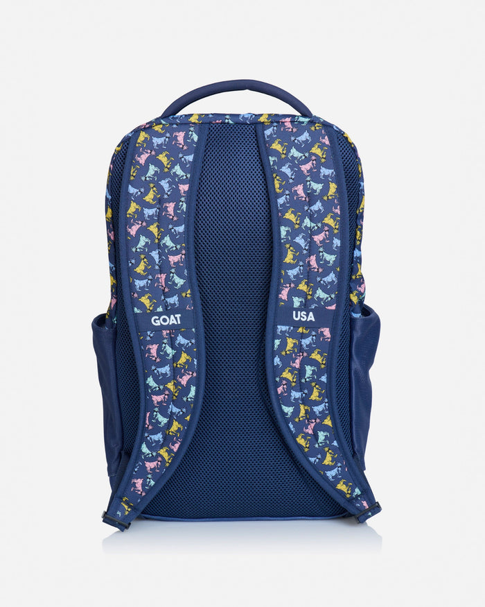 Back of navy backpack with all-over-goat pattern