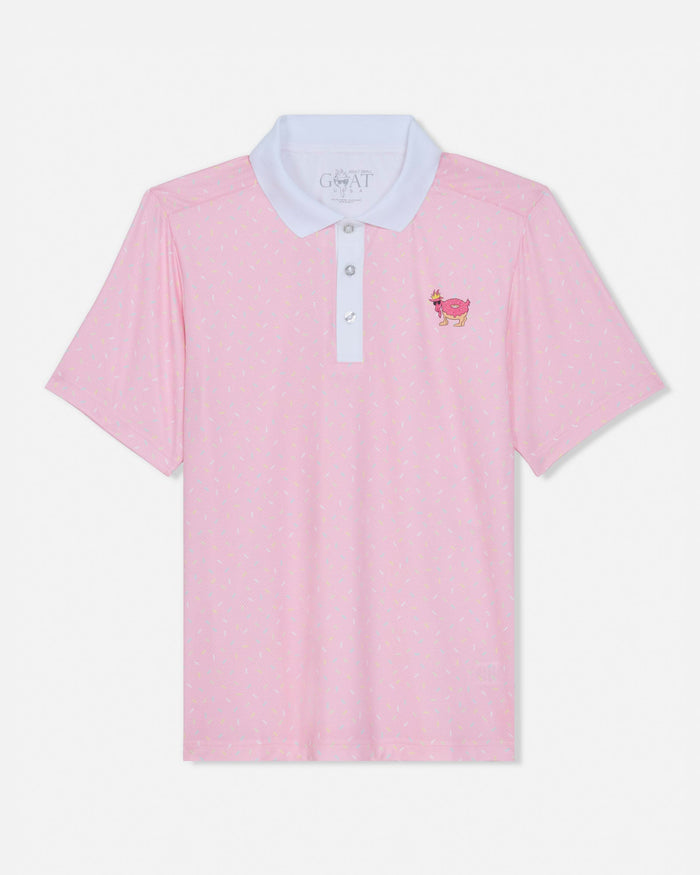 Pink polo shirt with white collar and small logo on a light gray background