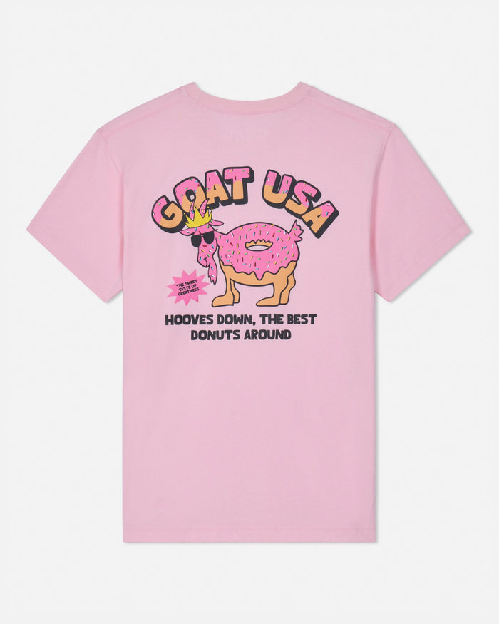 Pink t-shirt with a graphic design of a goat with a donut and text on a white background