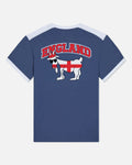 Blue t-shirt with 'England' and a goat design on the back against a white background