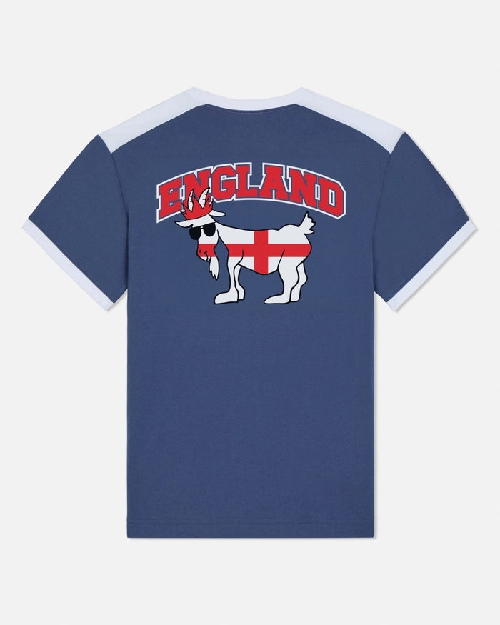 Blue t-shirt with 'England' and a goat design on the back against a white background