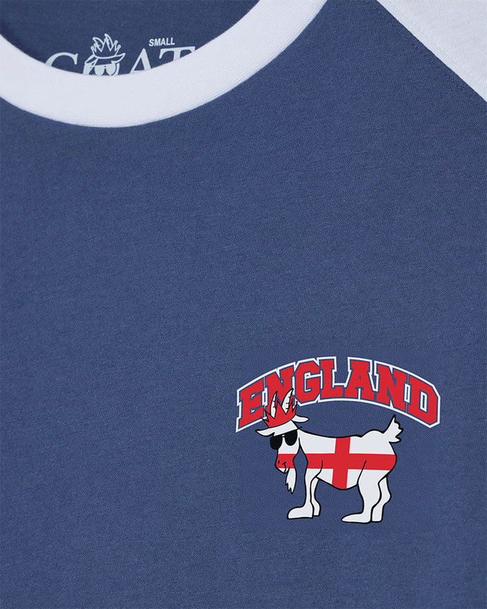 Blue t-shirt with 'England' and goat design on a white label