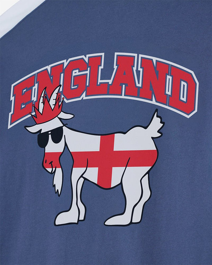 Shirt with 'England' text and goat design featuring English flag on a blue background