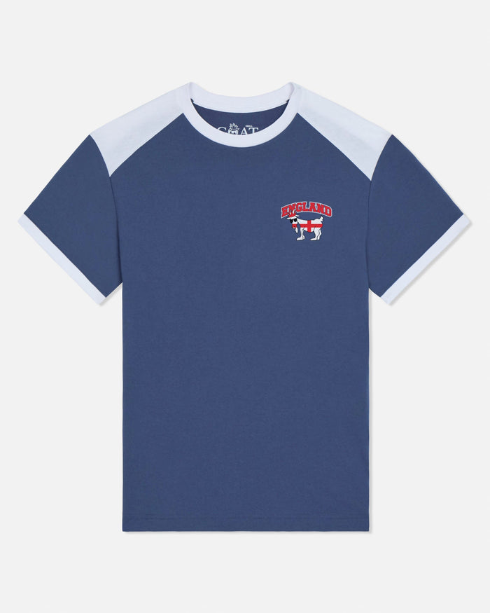 Blue t-shirt with a logo on a white background