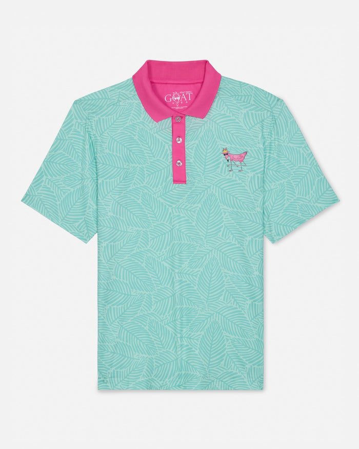 Mint green polo shirt with pink collar and logo on a white background