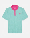 Mint green polo shirt with pink collar and logo on a white background