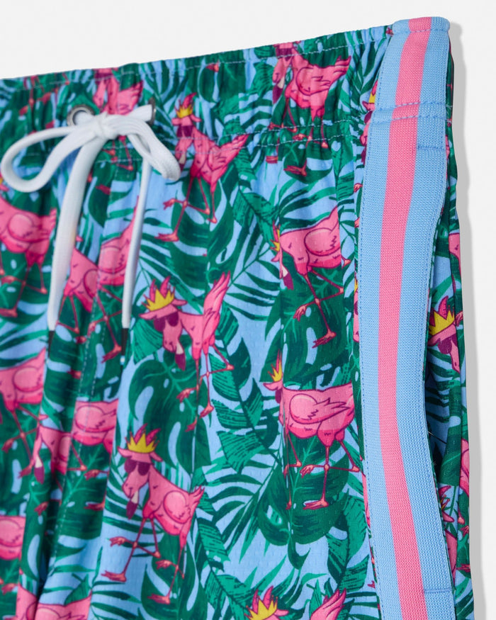 Colorful shorts with flamingo and palm tree pattern on a white background