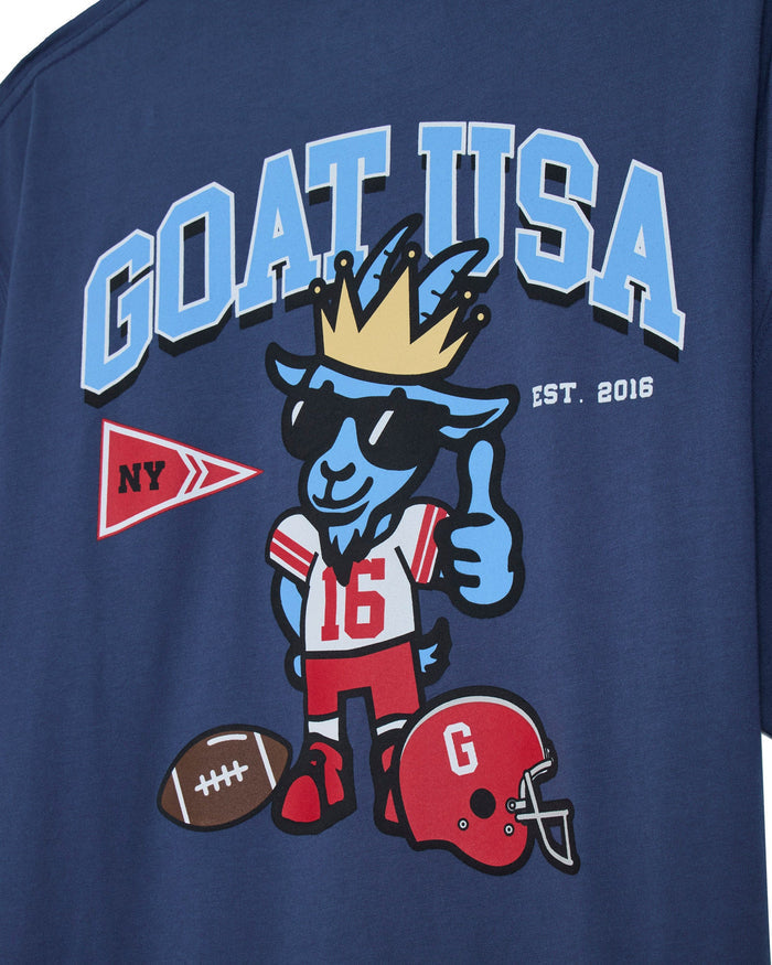 Close-up of football player goat graphic on a navy t-shirt