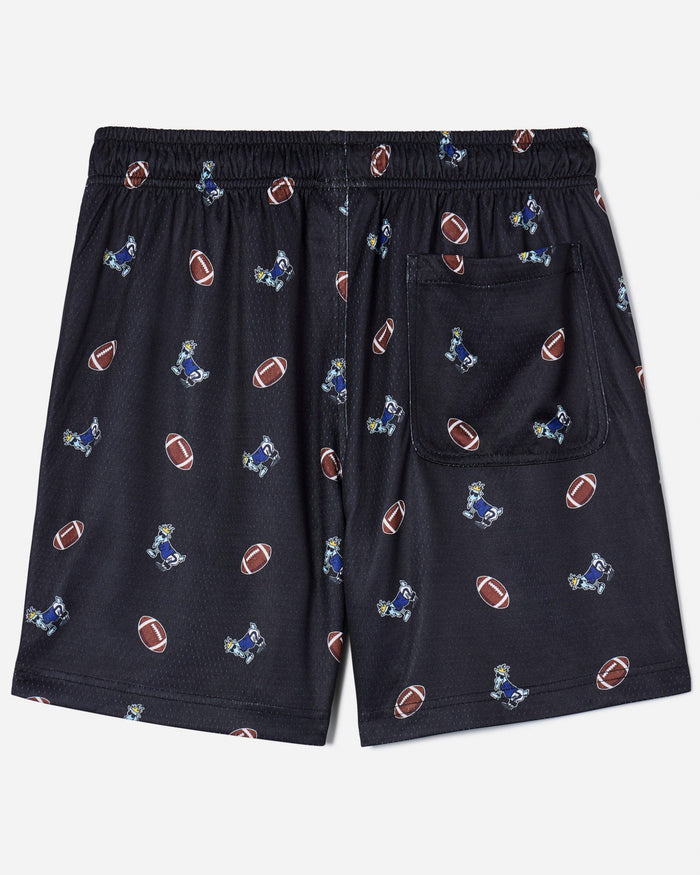 Back of black mesh shorts with football goat print