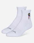 White socks with a logo on a light gray background