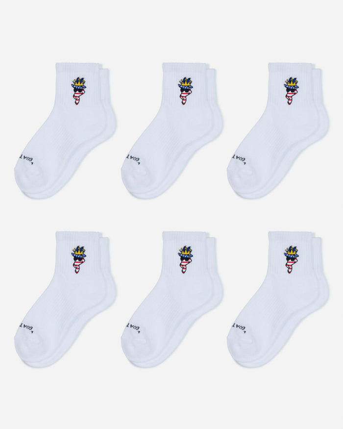 Set of six white socks with a colorful logo on a light gray background