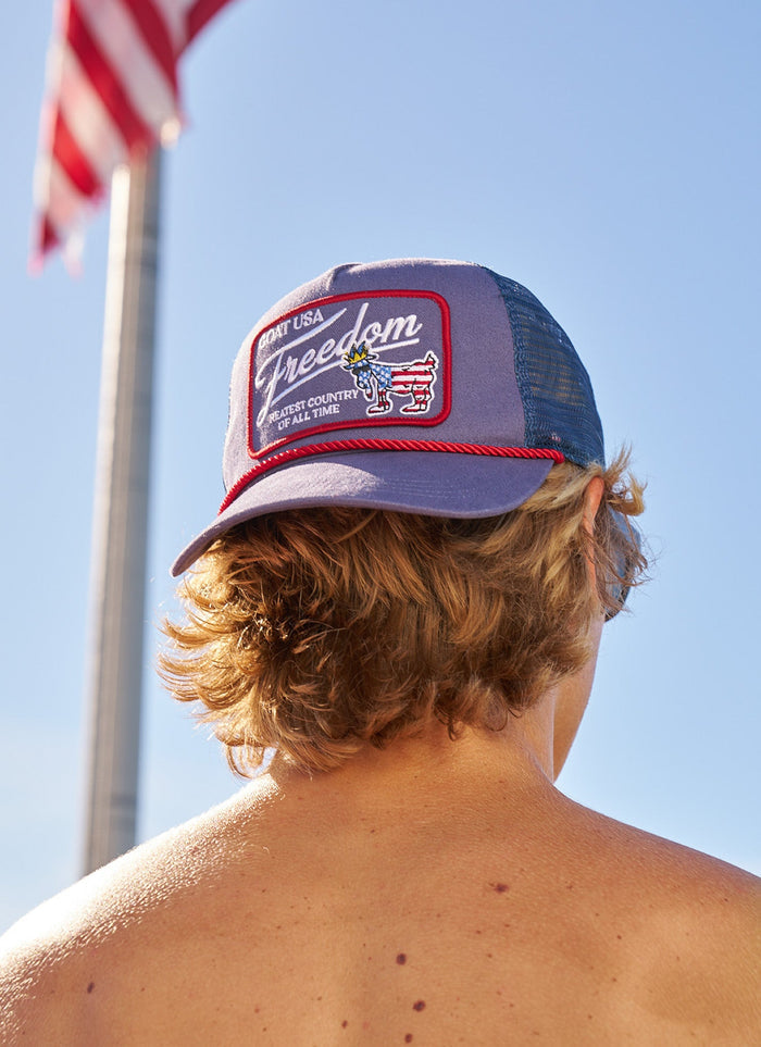 Man wearing a backwards navy and red hat with American flag in the background