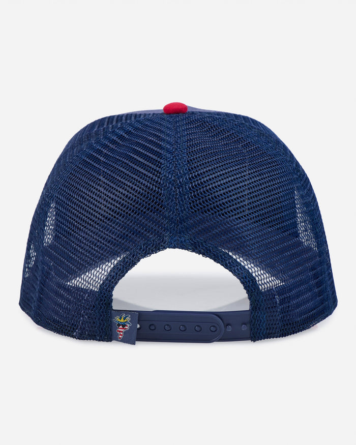 Navy blue mesh cap with a red button on a white background