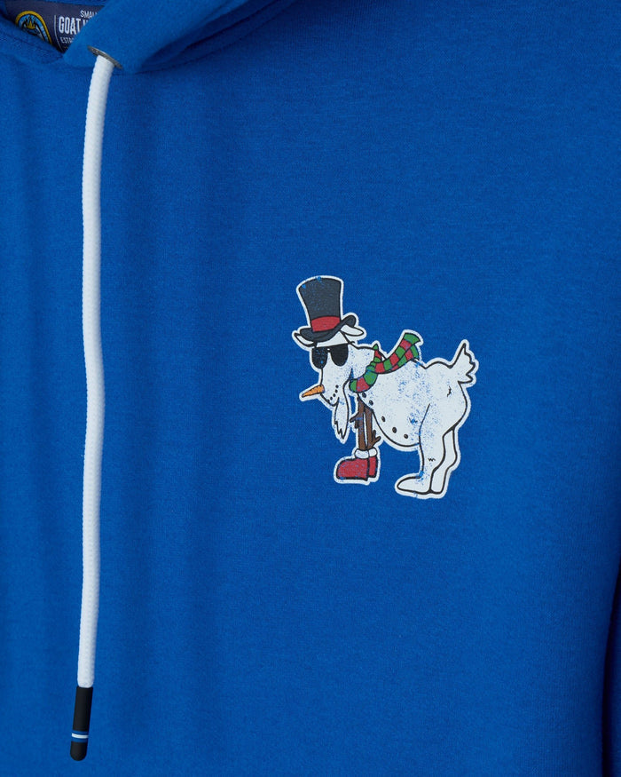 Blue hoodie with a cartoon snowman design on the chest