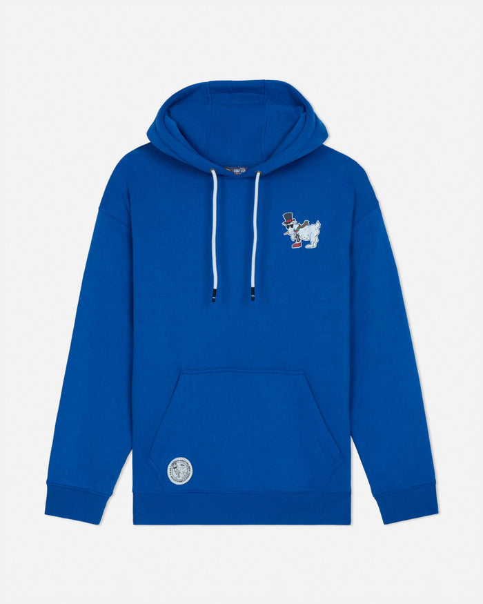 Blue hoodie with a small graphic on the chest against a light gray background