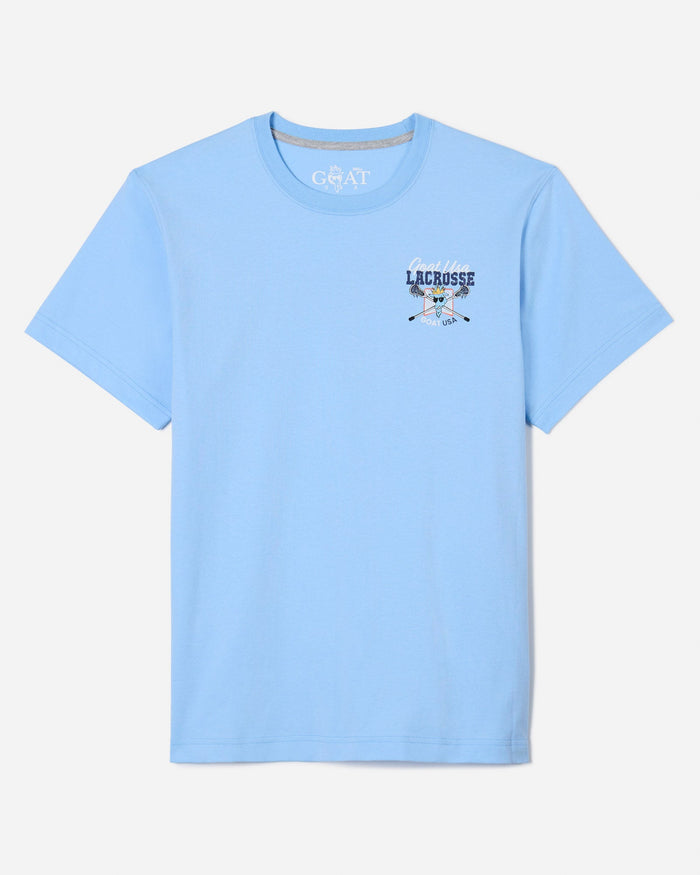 Front of blue t-shirt with snarling goat head and lacrosse design left-chest logo