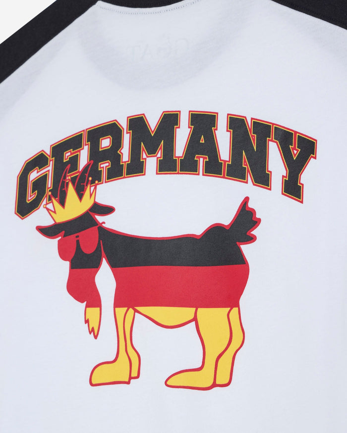 White shirt with 'GERMANY' text and a goat design in black, red, and yellow on a white background.