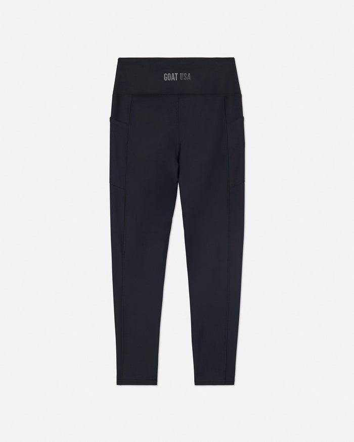 Black leggings with a brand logo on a light gray background