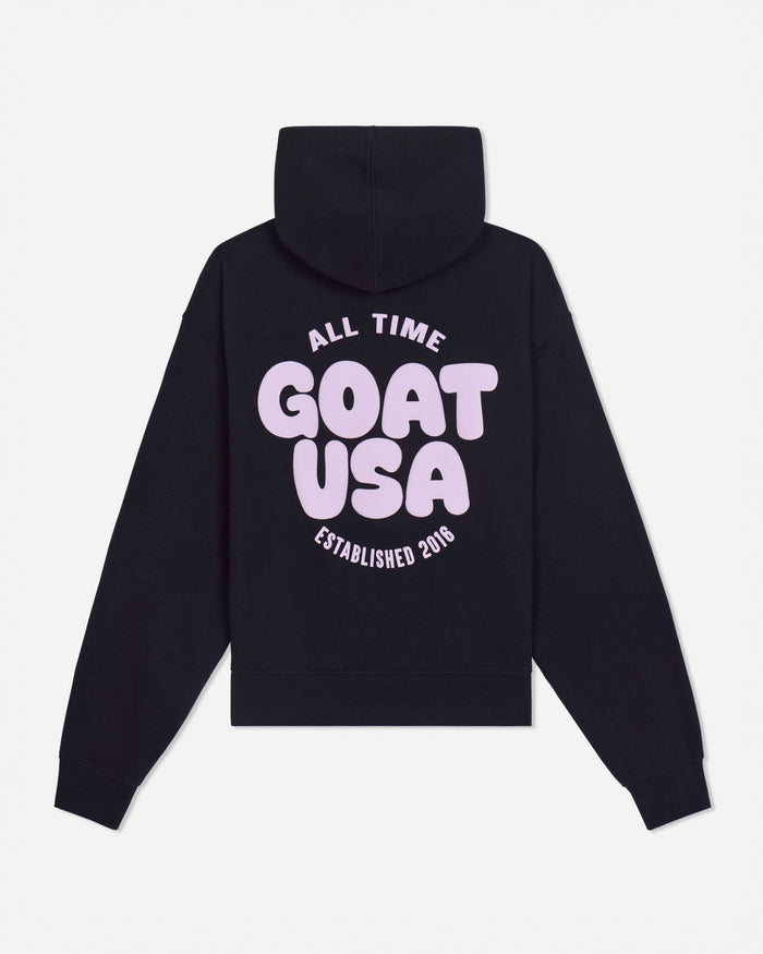 Back of black hoodie with 'ALL TIME GOAT USA ESTABLISHED 2016' text#color_black