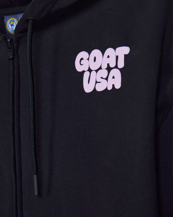 Close-up of front of black hoodie with 'GOAT USA' left-chest logo text#color_black