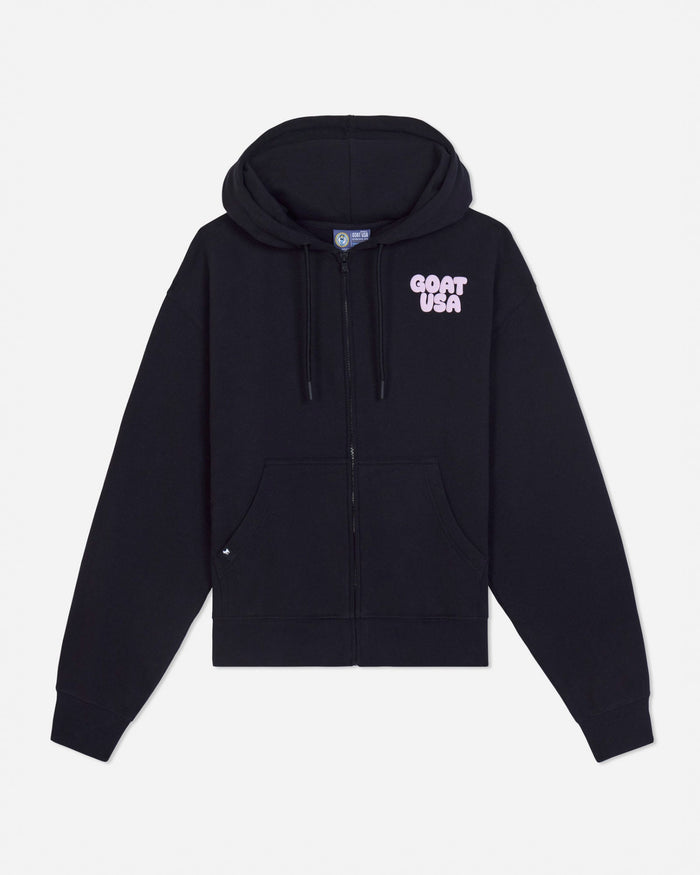 Front of black full-zip hoodie with pink 'GOAT USA' left-chest logo#color_black
