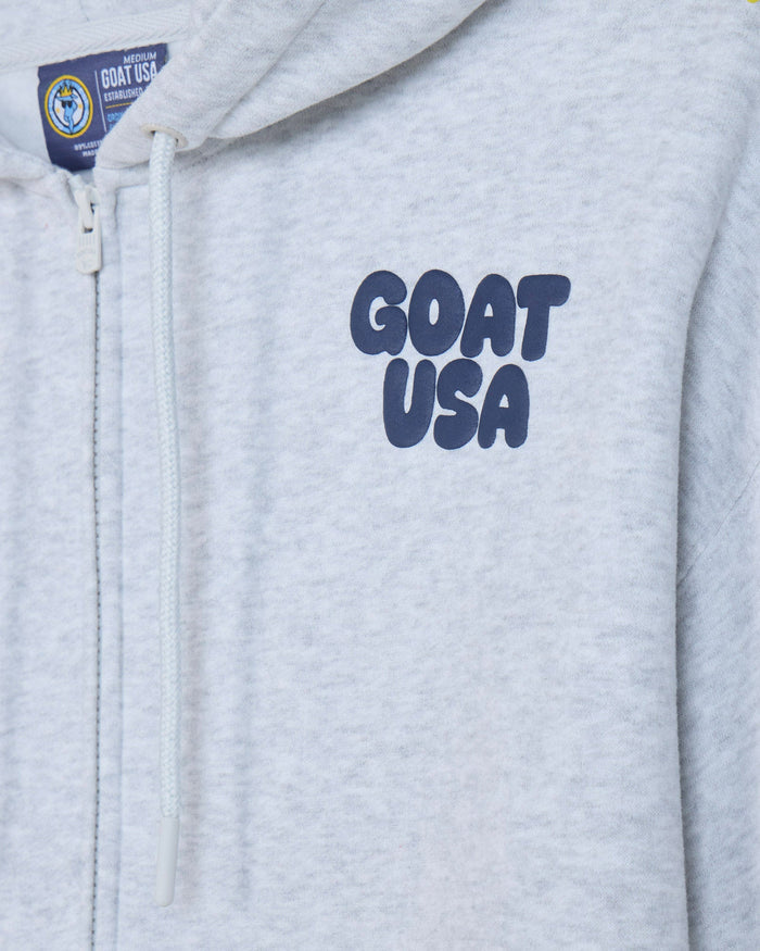 Close-up of front of gray hoodie with 'GOAT USA' left-chest logo text#color_pale-gray