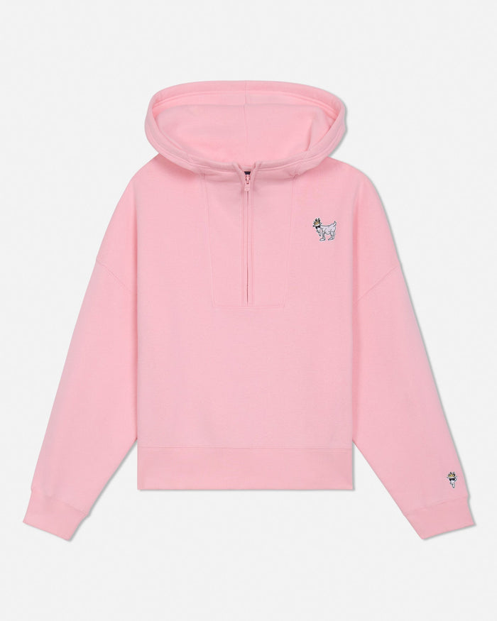 Pink half-zip hooded sweatshirt on a light gray background#color_pink