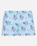 Light blue pajama shorts with cartoon goat pattern on a white background