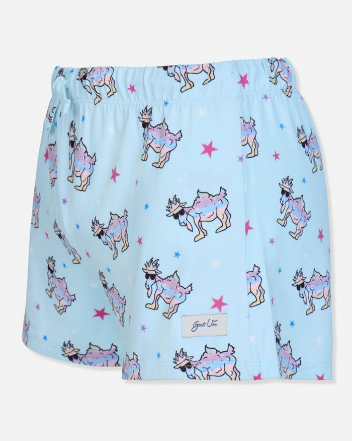 Light blue pajama short with cartoon goat pattern on a white background