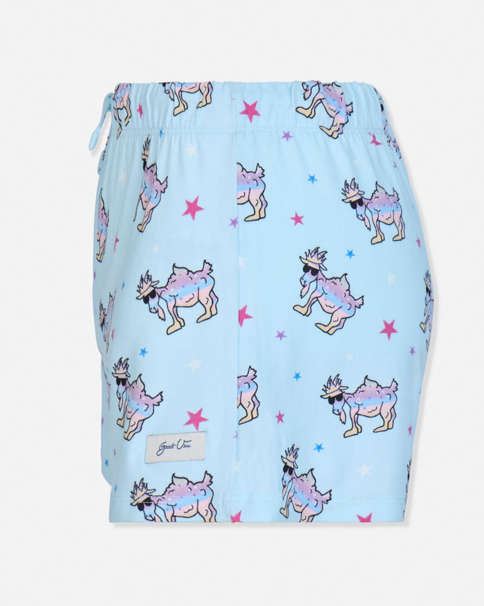 Light blue shorts with cartoon goat print on a white background