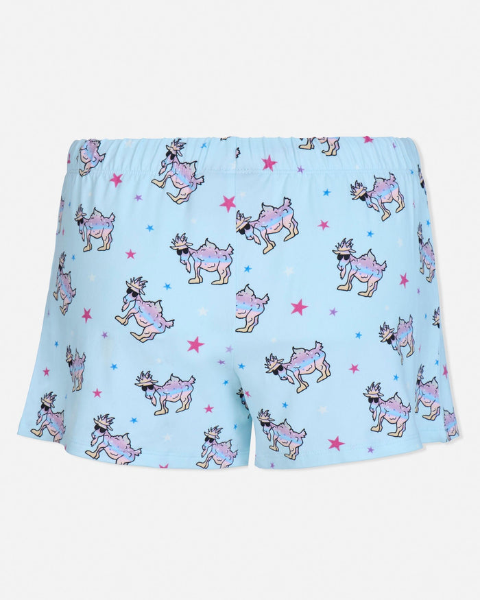 Blue shorts with cartoon goat pattern on a white background