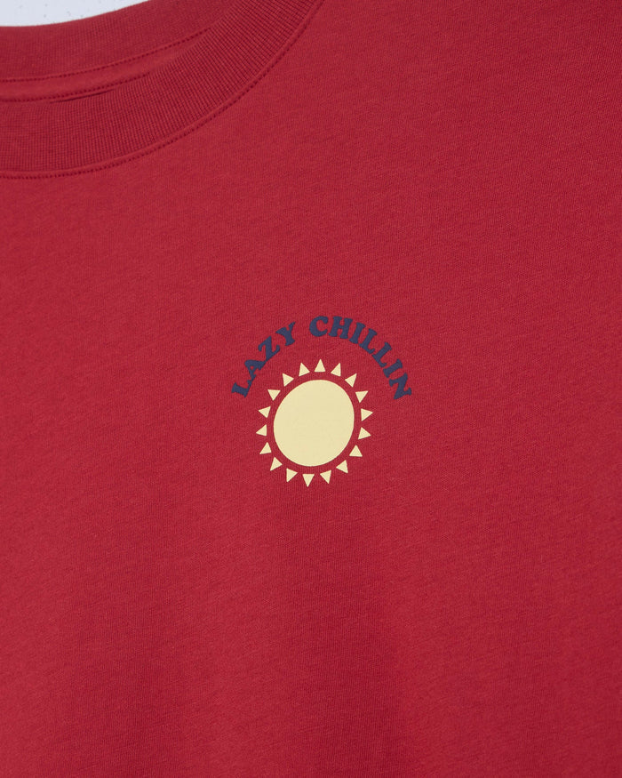 Left-chest graphic of sun and 'LAZY CHILLIN' text