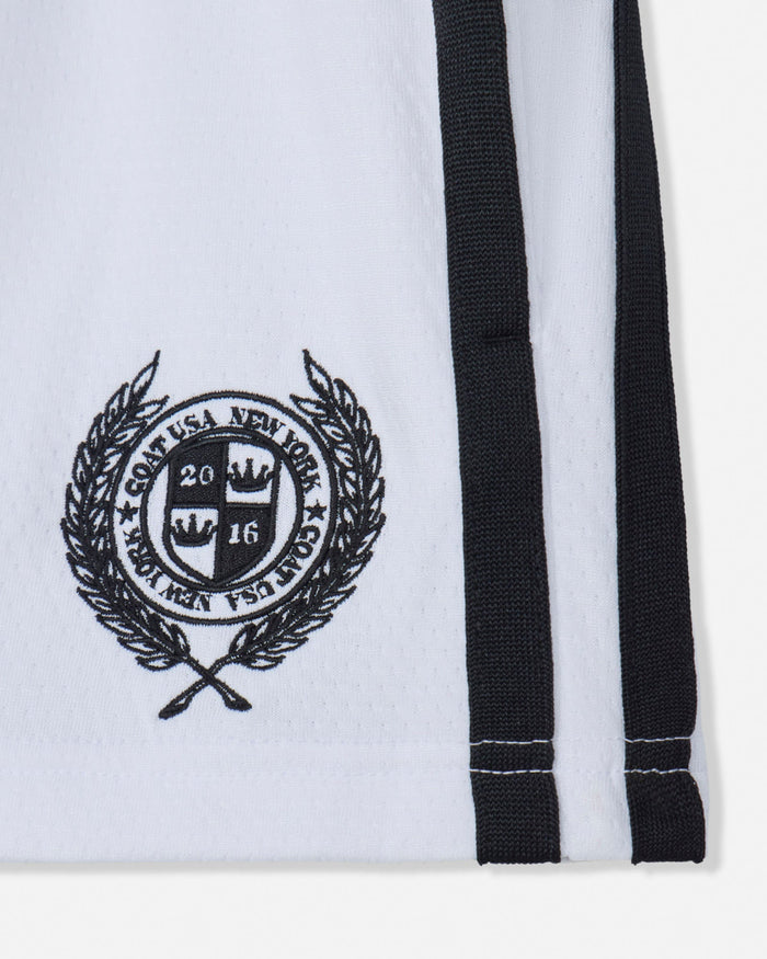 White sweatpants with black waistband and logo on a white background#color_white