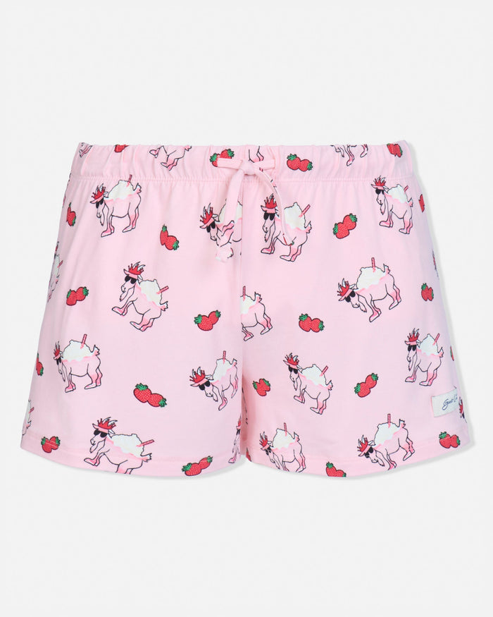 Pink shorts with cartoon character and strawberry pattern on a white background
