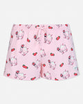 Pink shorts with cartoon character and strawberry pattern on a white background