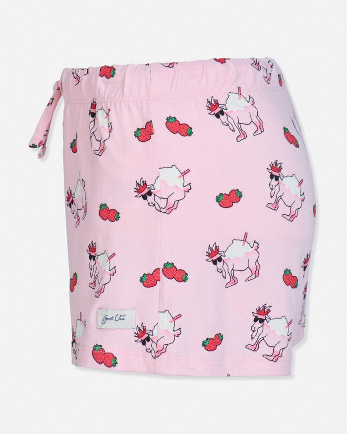 Pink drawstring bag with cartoon designs of goats and strawberries on a white background
