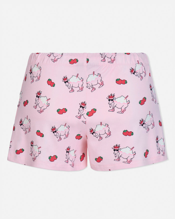 Pink shorts with goat and strawberry pattern on a white background