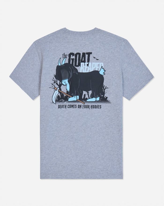 Gray t-shirt with a grim reaper goat graphic