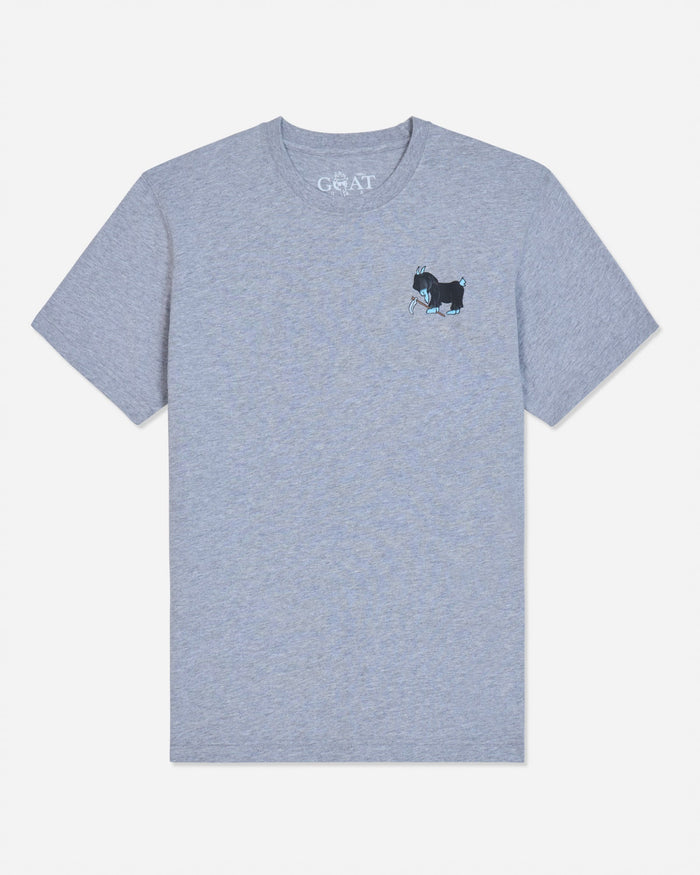 Front of gray t-shirt with a grim reaper goat left-chest graphic