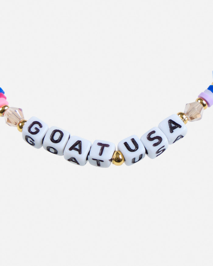 Bracelet with letter beads spelling 'GOAT USA' on a white background