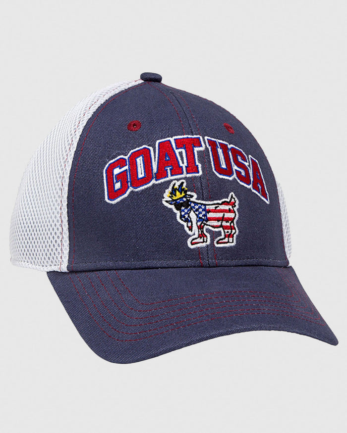 Tilted angle of navy Freedom Trucker Hat#color_navy