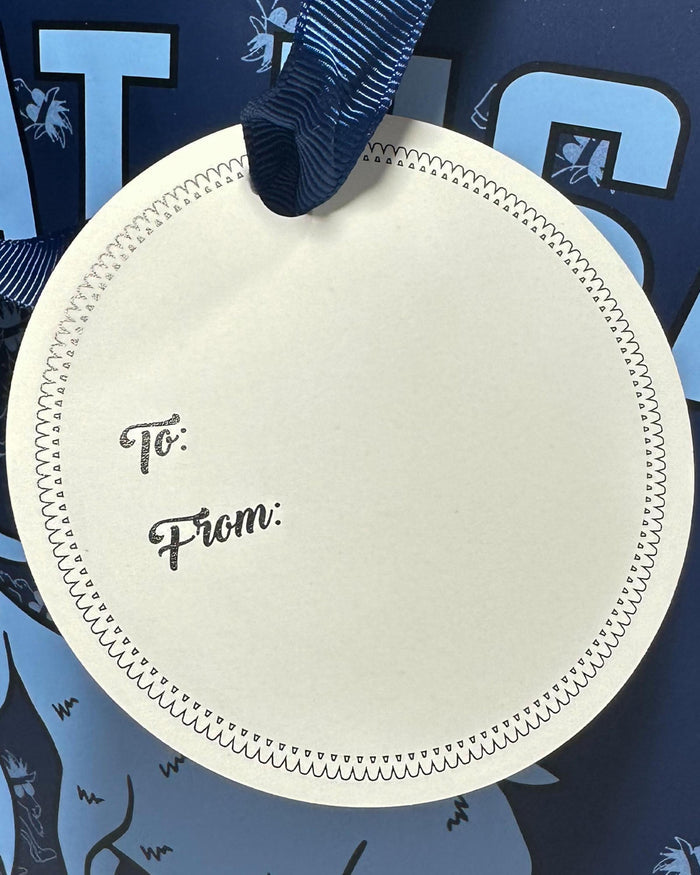 Close up of to/from tag on GOAT USA Gift Bag