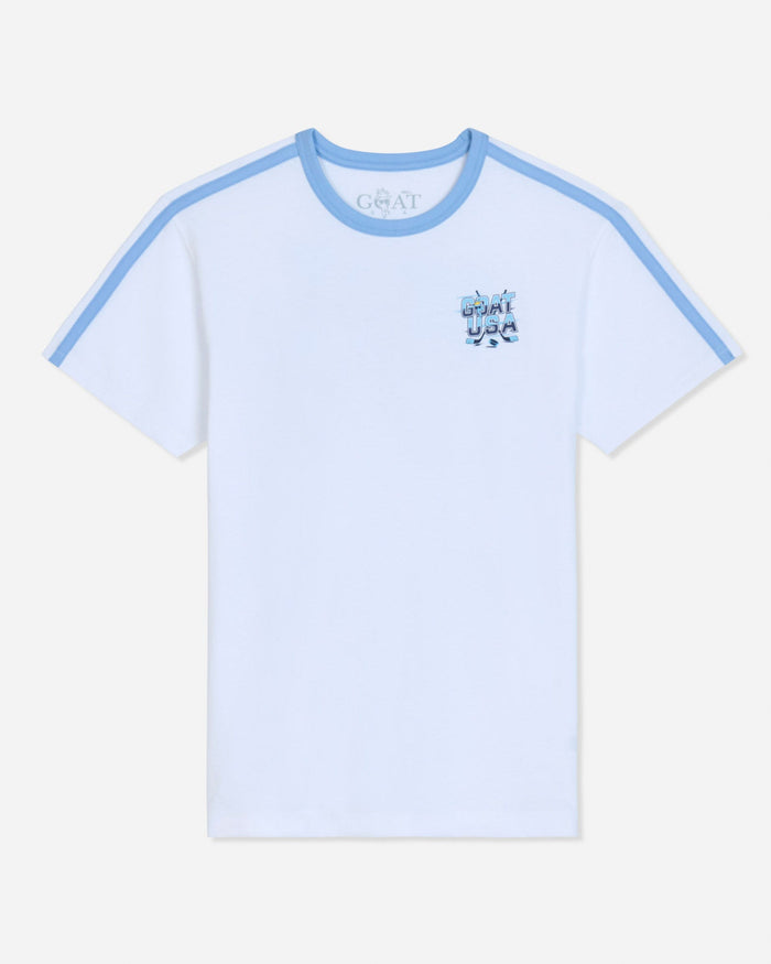 A white short-sleeve ringer T-shirt with light blue contrast trim along the crew neck and sleeve shoulders, featuring a small blue graphic on the left chest.