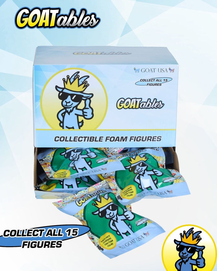 Box of GOATables collectible foam figures with packaging design on a light blue background as well as 'GOATables' & 'Collect All 15 Figures' text