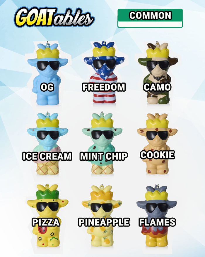 Collection of figurines with different styles and names on a light blue background as well as 'GOATables' & 'Common' text