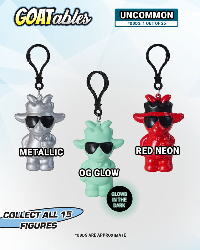 Three keychains labeled 'Metallic', 'OG Glow', and 'Red Neon' with 'GOATables' branding on a white background.