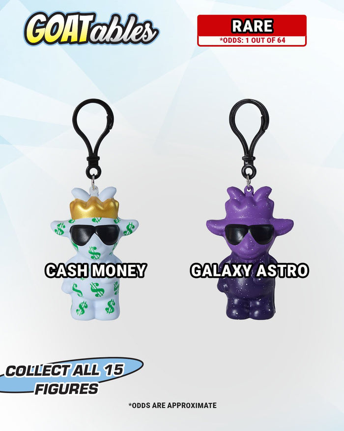 Two collectible keychains labeled 'Cash Money' and 'Galaxy Astro' with rarity and collectible information on a white background.